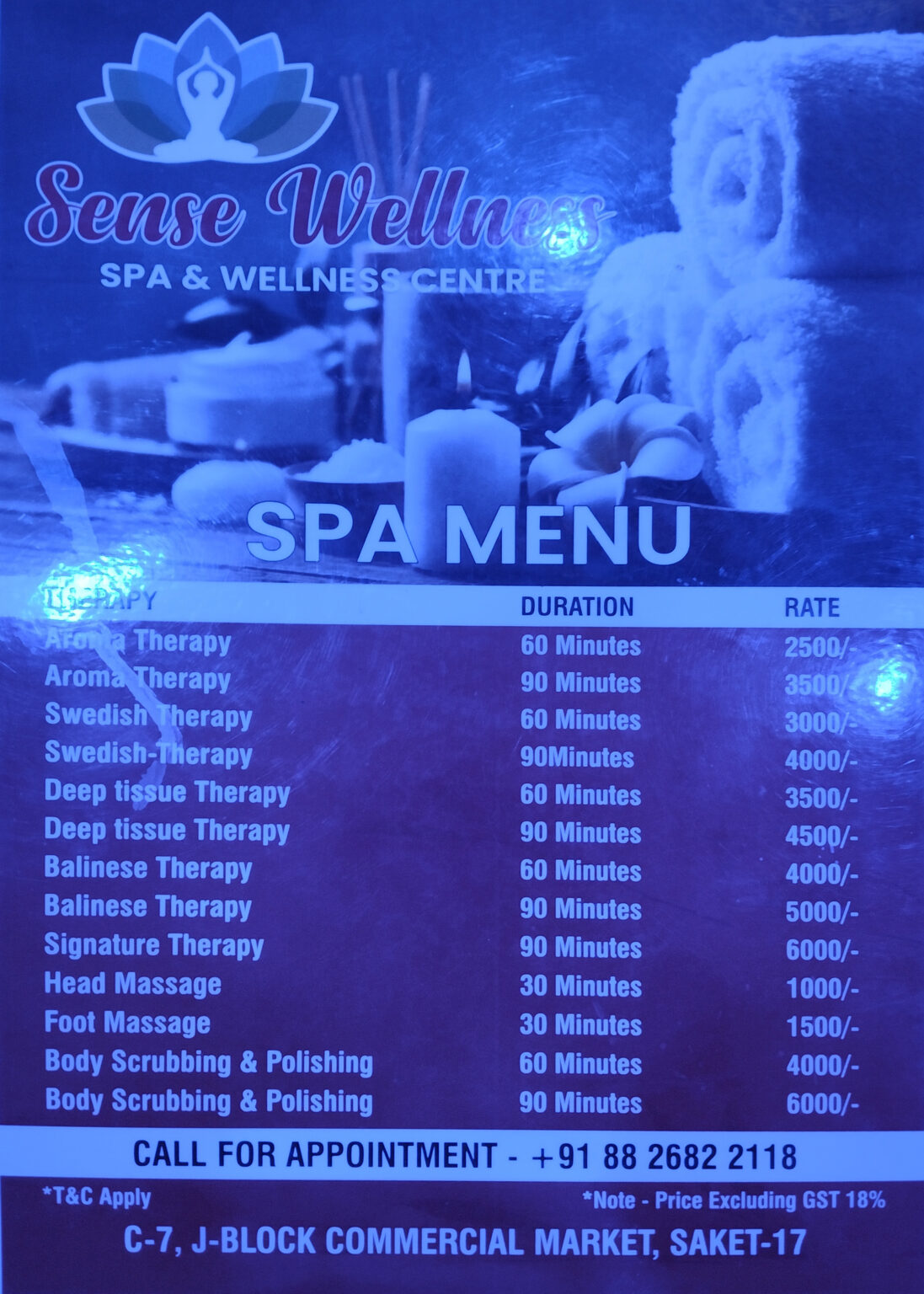Sense Wellness Spa - Menu